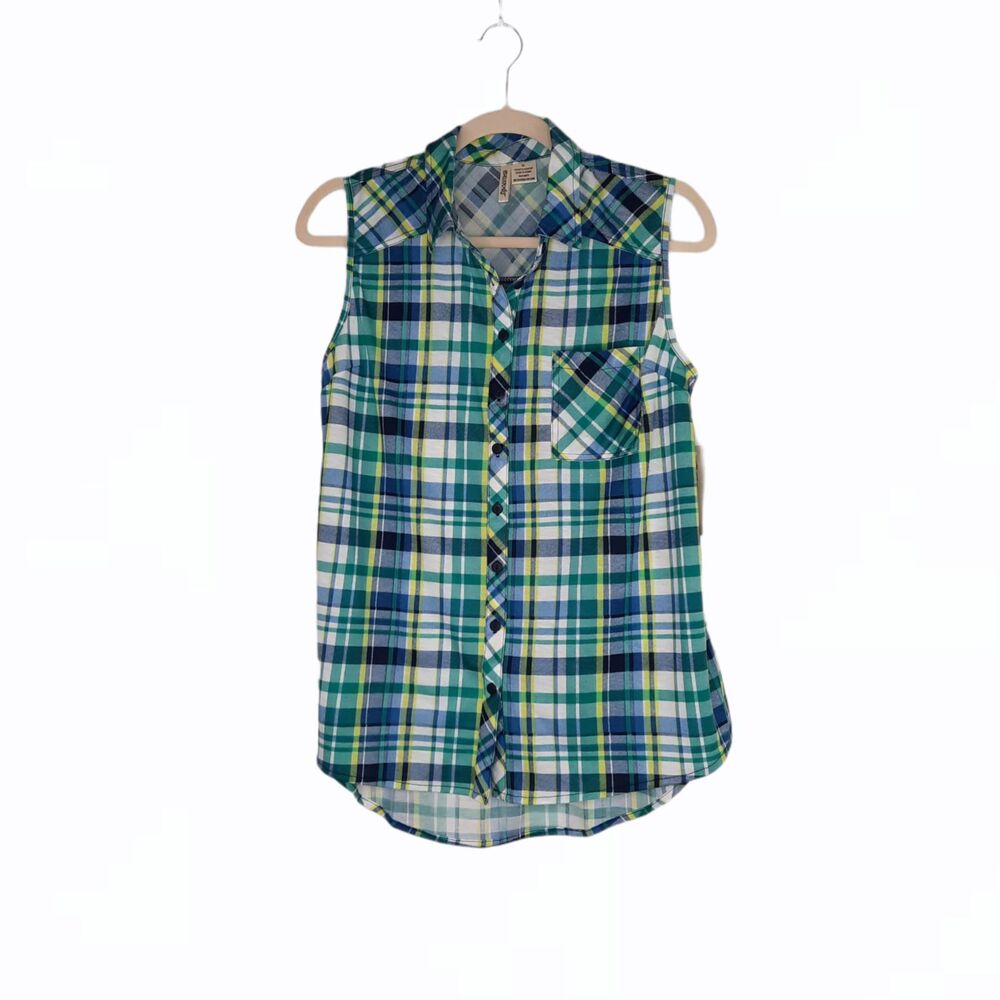 Passport Top size M Plaid Sleeveless Blouse Green Blue Yellow w/Chest Pocket NWT